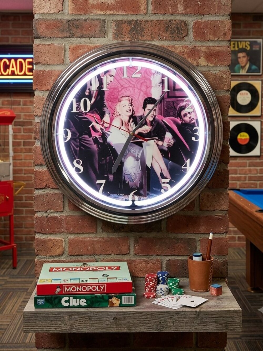 Elvis,MM,Bogart,James Dean Retro lighted Neon Wall Clock-RARE-LQQK!